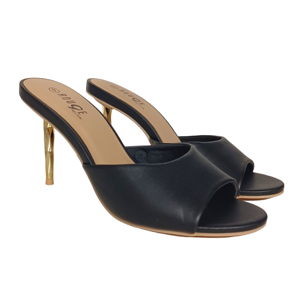 NEW ROUGE Ryss Gold Metallic Stiletto Heel Slip On Peep Toe Black Heels 9